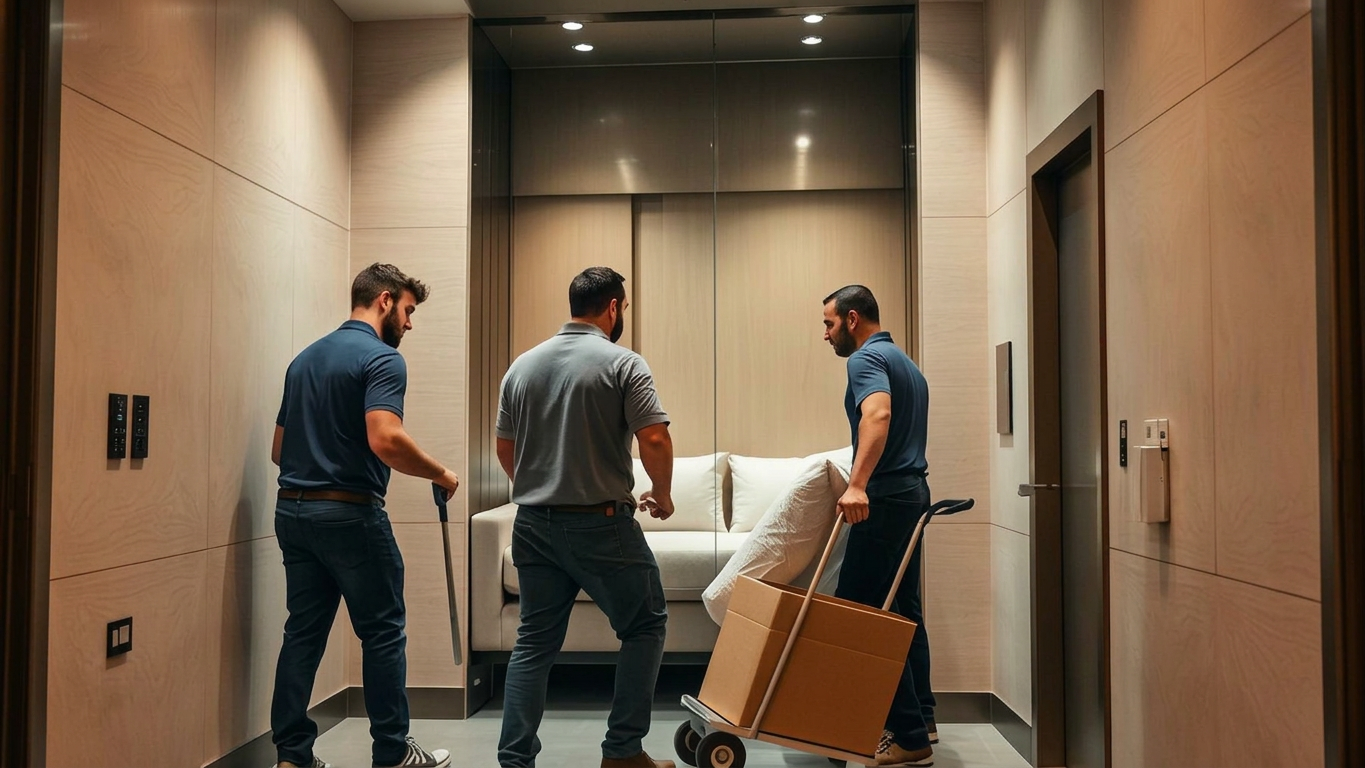 Stonebriar Moving crew navigating furniture through a Dallas high-rise building lobby