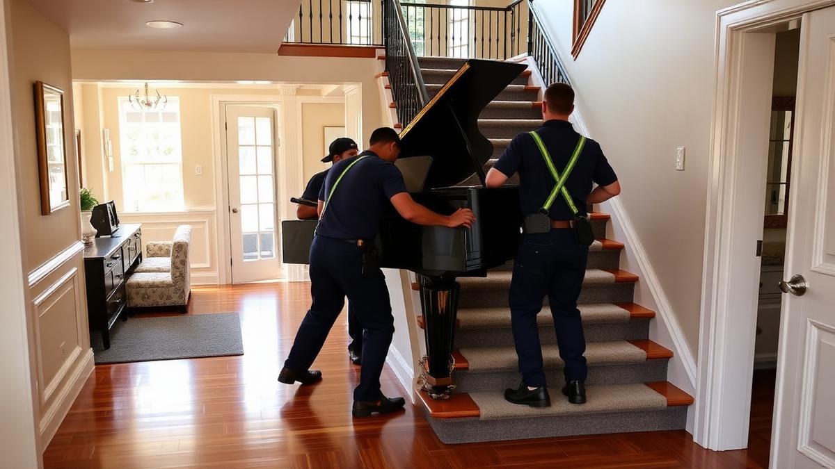 Stonebriar crew preparing a grand piano for a Dallas move