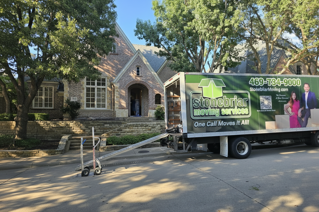 Stonebriar Moving crew carefully loading furniture from a Prosper luxury home