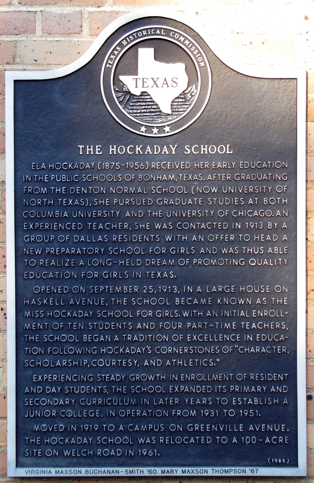 Texas Historical Marker at The Hockaday School in Dallas