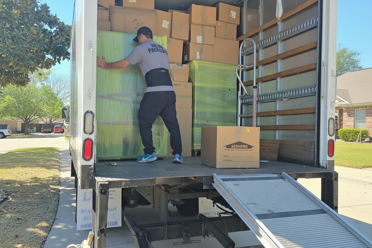 Stonebriar Moving crew carefully packing items with premium materials in a Dallas home